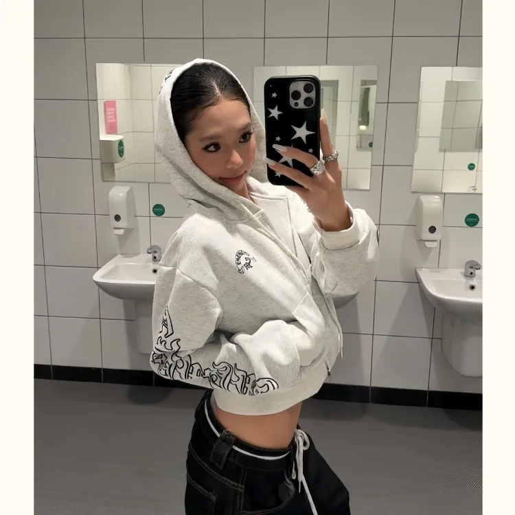 美式复古哥特风字母印花短款开衫卫衣连帽早秋冬辣妹休闲百搭外套