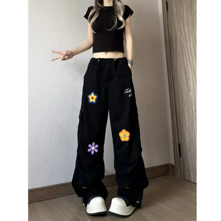 2025美式嘻哈复古小花贴布休闲牛仔工装裤男女秋季高街宽松阔腿裤