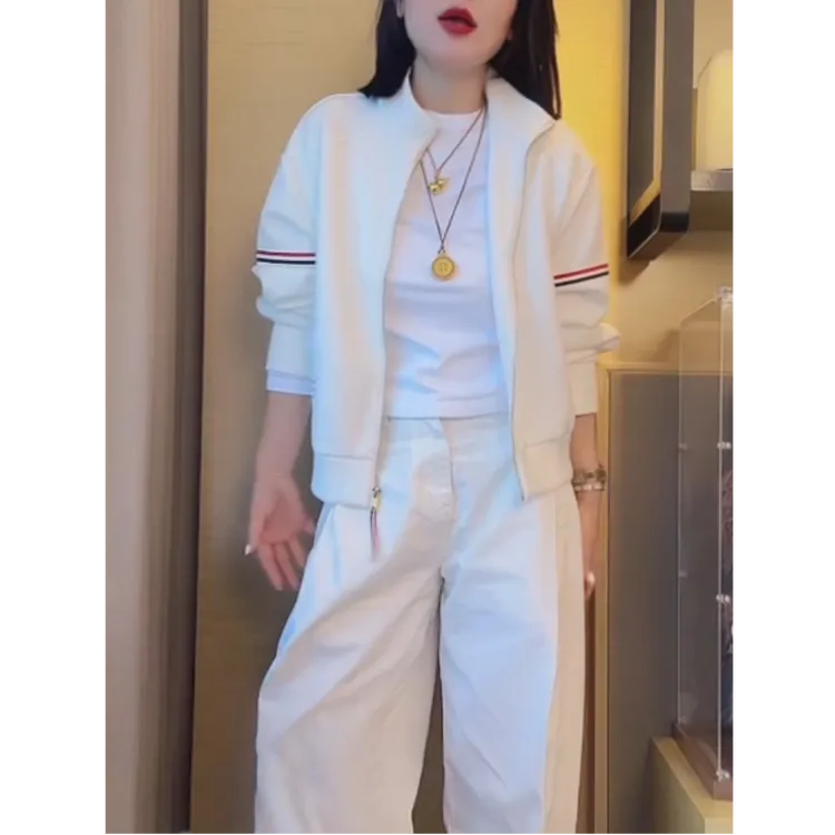韩版时髦时尚靓丽白色立领棒球服女装2025早秋百搭拼色拉链外套潮