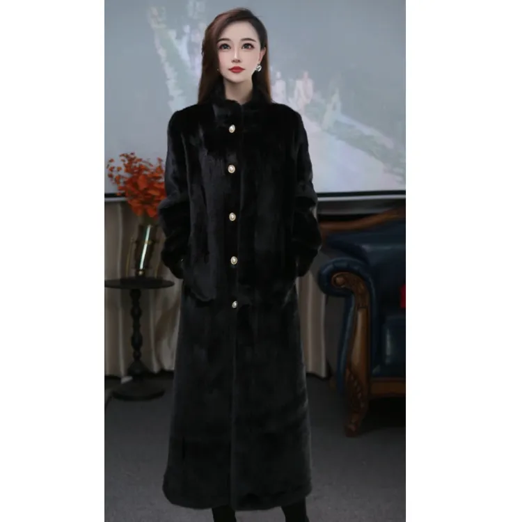 820长款立领泡泡袖女士长款欧貂绒外套保暖女士外套