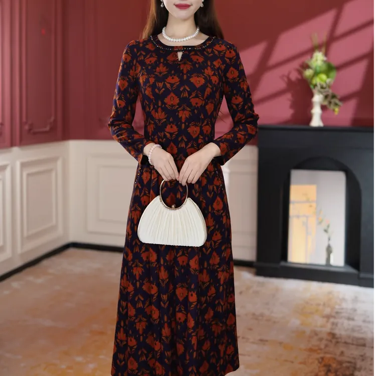 【妙莱果粒橙】秋冬季新款优雅贵妇阔太太轻奢爆款长袖中老年连衣裙