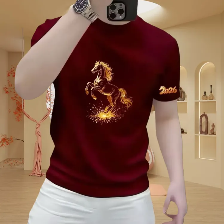 2026马年爆款新款骏马印花纯棉短袖T恤男士百搭高级感上衣