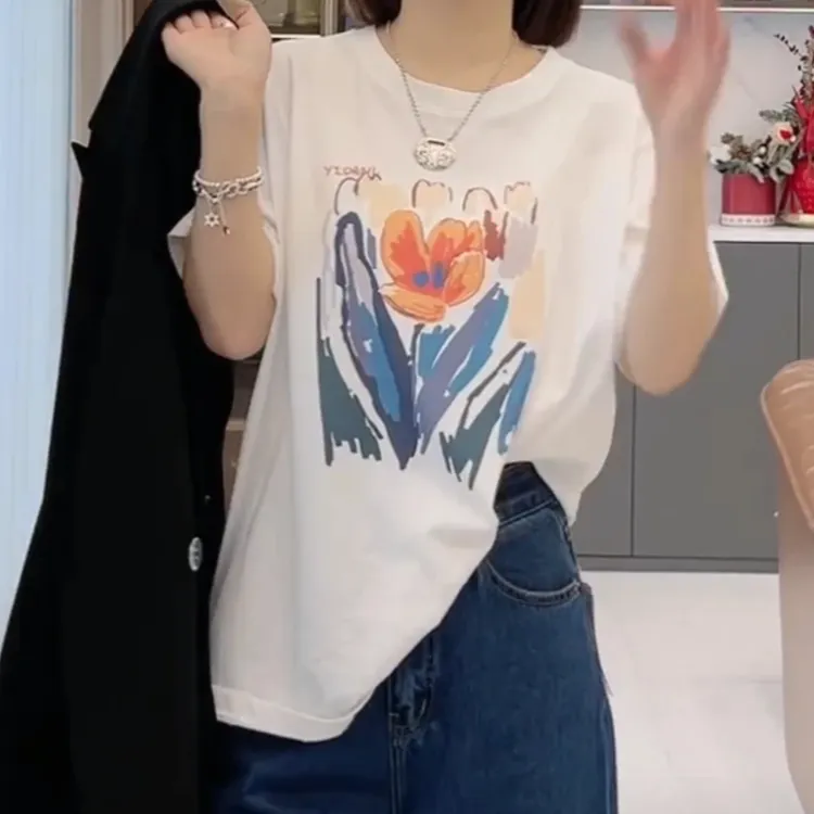 2025年夏季新款圆领鲜花雪花百搭短袖T恤女休闲宽松百搭圆领上衣
