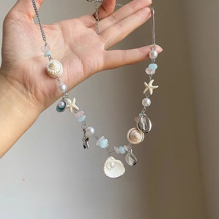 铜合金项链 海星贝壳珍珠彩色串珠项链女海边度假风锁骨链颈链饰