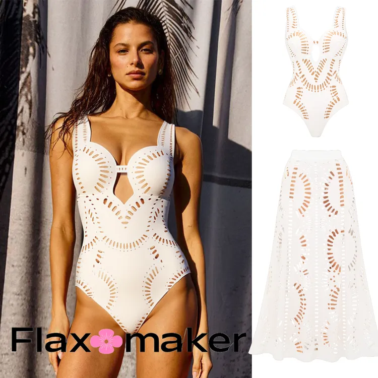 Flaxmaker 白色镂空切割设计度假泳衣两件套适合海边沙滩保守纯欲