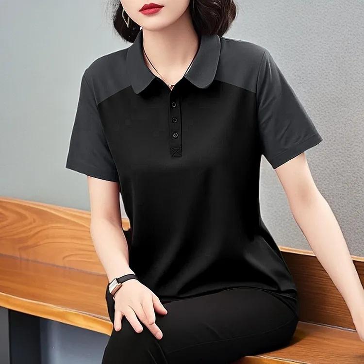 高档夏季纽扣大码短袖T恤女2025新款polo领显瘦胖mm气质高级时尚