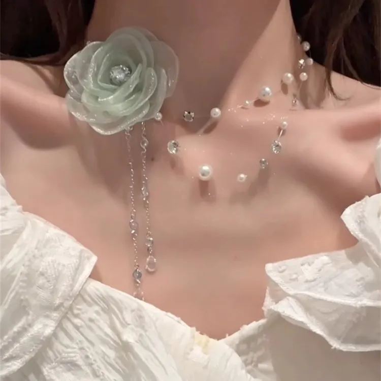 铜布艺项链 薄荷绿花朵流苏项链女choker轻奢小众高级感锁骨链夏