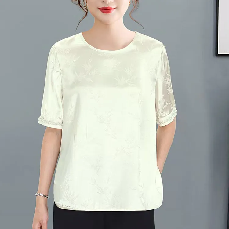 【反季清仓】新中式国风刺绣短袖小衫女新款夏季提花中国风圆领上衣