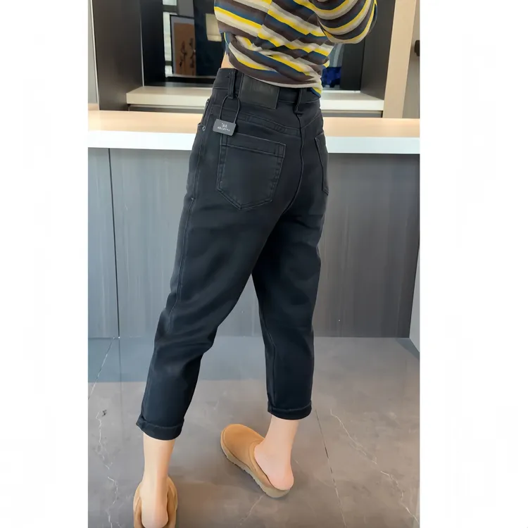 梨形身材弹力高腰直筒牛仔裤秋冬新款加绒加厚九分显瘦哈伦老爹裤