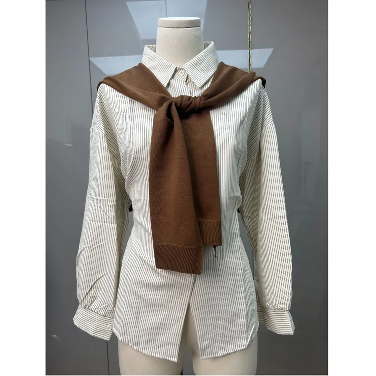 两件套披肩衬衫2025春季新款宽松休闲百搭竖条纹上衣女