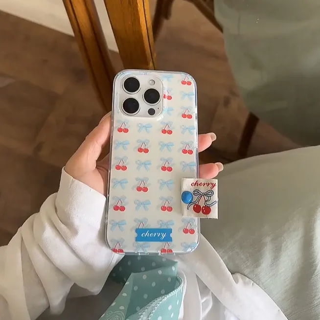 蝴蝶结设计樱桃手机壳适用苹果16/15PROMAX卡通保护套iPhone14PRO