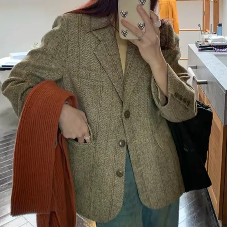 韩版复古人字纹暗格呢含羊毛廓形厚西装外套女小个子