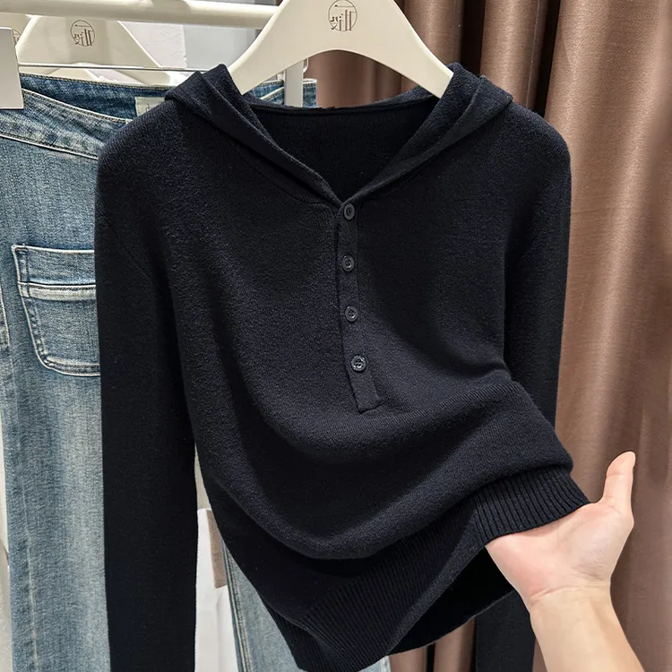 黑色套头长袖针织卫衣女2025新款超好看连帽韩版宽松小众气质上衣