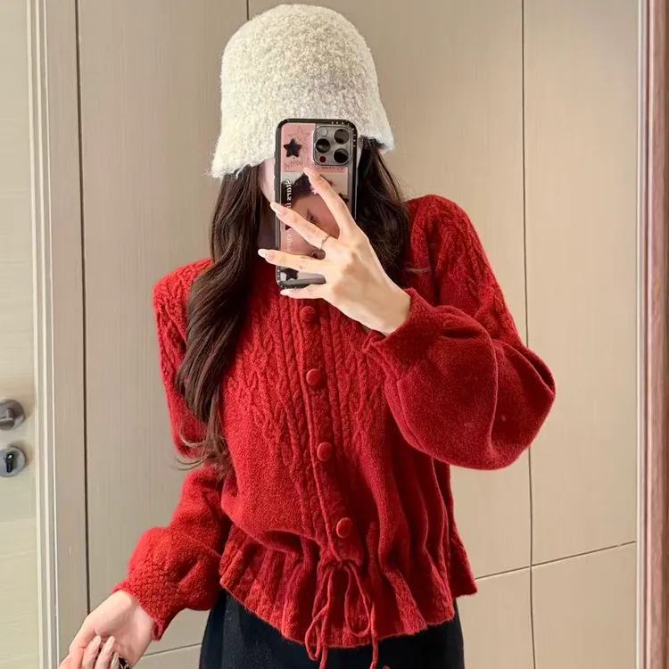 圣诞新年红~设计款氛围感抽绳毛衣开衫女时尚百搭韩系上衣秋冬装