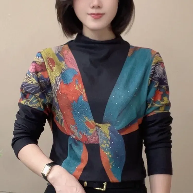 秋季加绒新款拼色印花长袖半高领百搭洋气时尚显瘦修身打底衫女