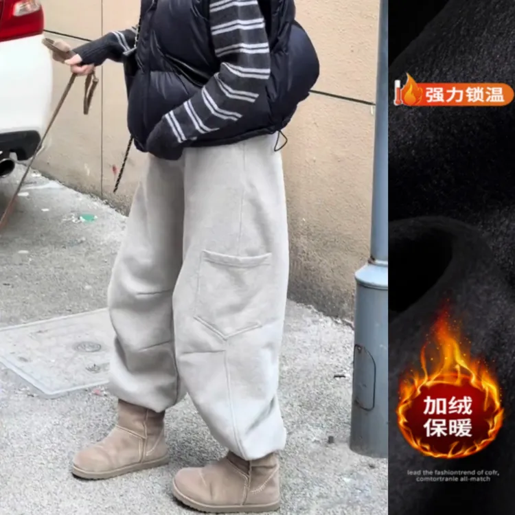 景倩妮爆款多口袋设计弯刀休闲裤2025冬季新款加绒显瘦窄版阔腿裤