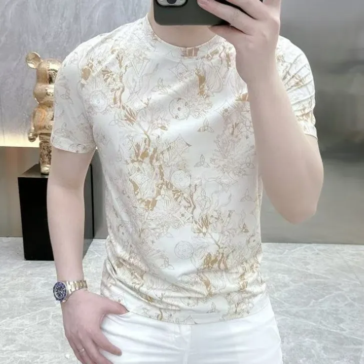 【冰丝薄款】欧货潮牌质感短袖T恤男士百搭轻奢印花修身迷彩半袖潮
