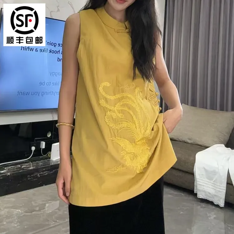 2025夏季新款新中式中国风气质复古无袖常规斜襟刺绣重工时尚上衣