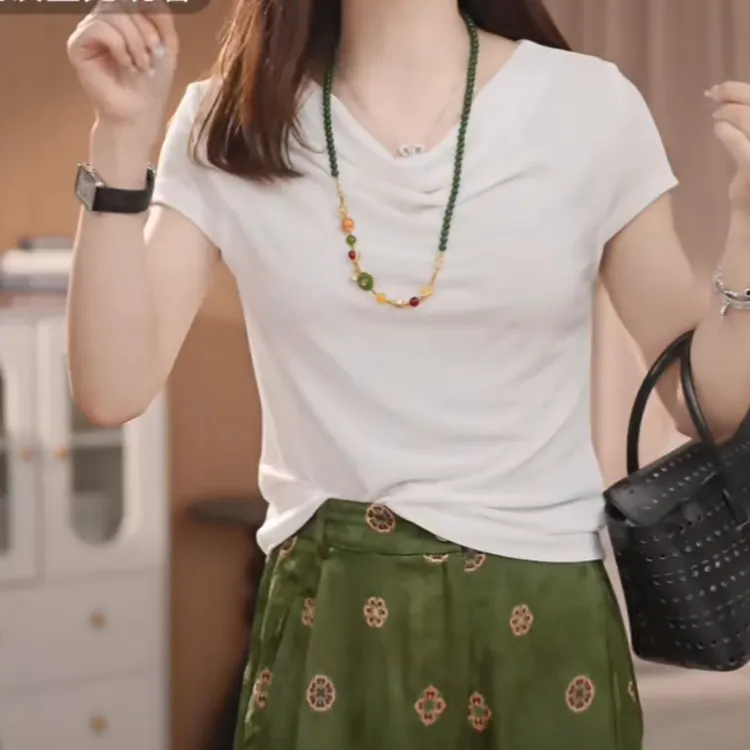 轻职风气质纯色百搭宽松短袖T恤上衣2025夏季新款时尚通勤针织衫