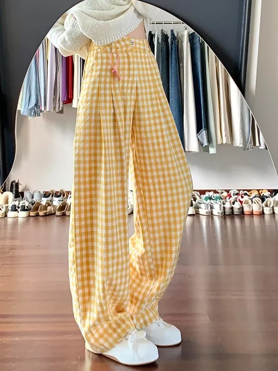夏季黄色格纹阔腿夏季裤子2025新款今年流行爆款梧桐裤独特超好看