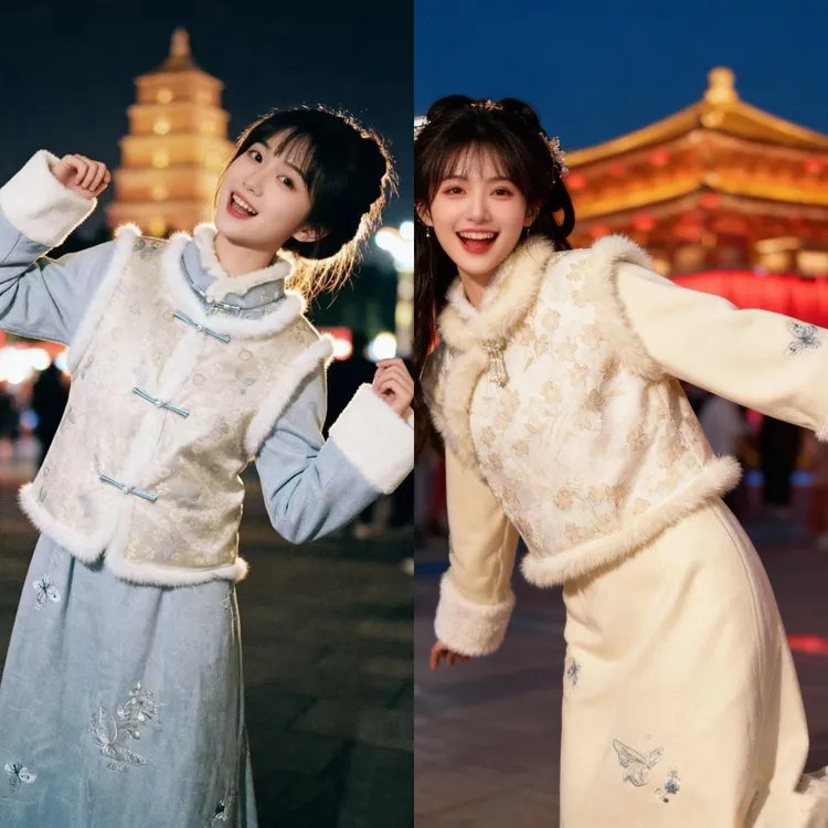 【梦雨花】新中式马甲连衣裙两件套加绒加厚年轻改良旗袍冬季