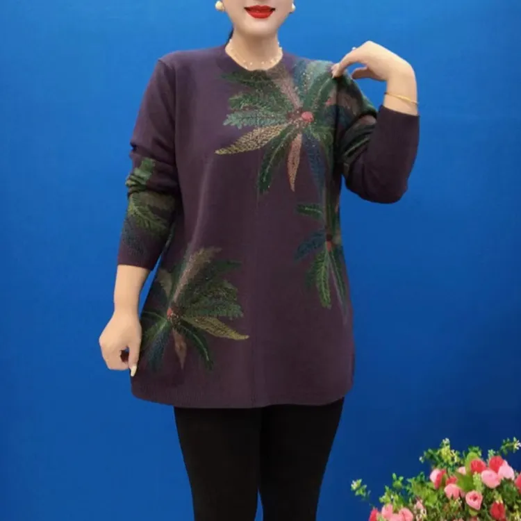 秋冬季高端减龄时尚洋气圆领针织衫时尚中长款潮流中老年妈妈毛衣