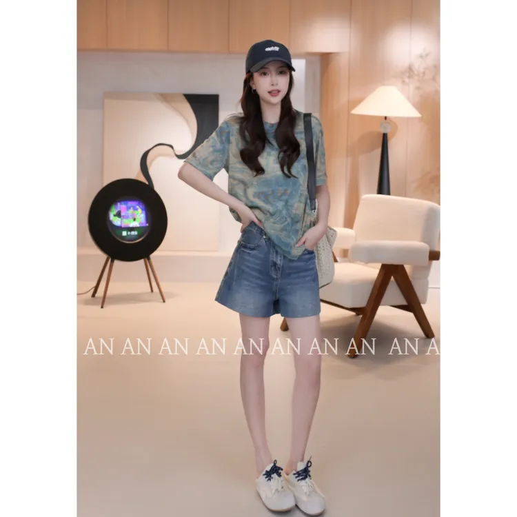 C04079新款复古别致设计感小个子圆领扎染短袖T恤