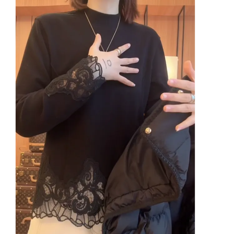 「花雾蕾丝双面绒」双面绒长袖设计打底显瘦T恤女秋冬新款洋气上衣