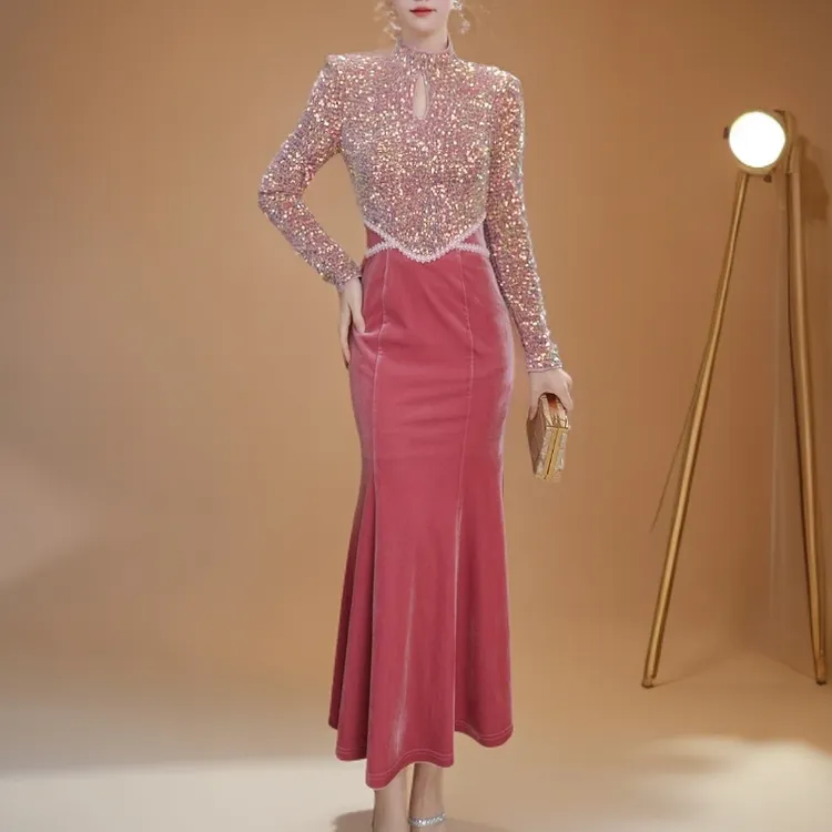 秋季长款时尚长袖气质修身显瘦拼接连衣裙51528