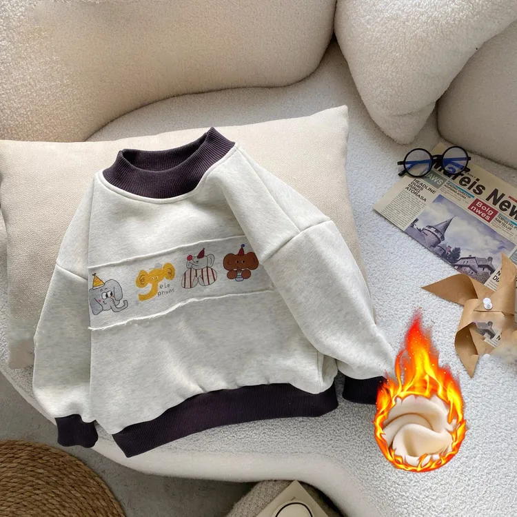 中小童秋冬一体绒男孩保暖贴布上衣儿童加绒卫衣男童冬季新款宝宝