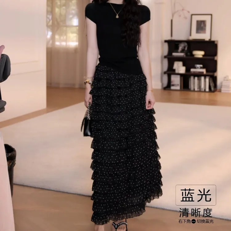 春夏季高腰显瘦气质松紧腰蛋糕波点时尚半身裙百搭拼接A字网纱裙