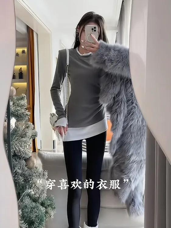 修身中长款上衣女秋冬款休闲百搭遮屁股时尚假两件收腰打底衫显瘦