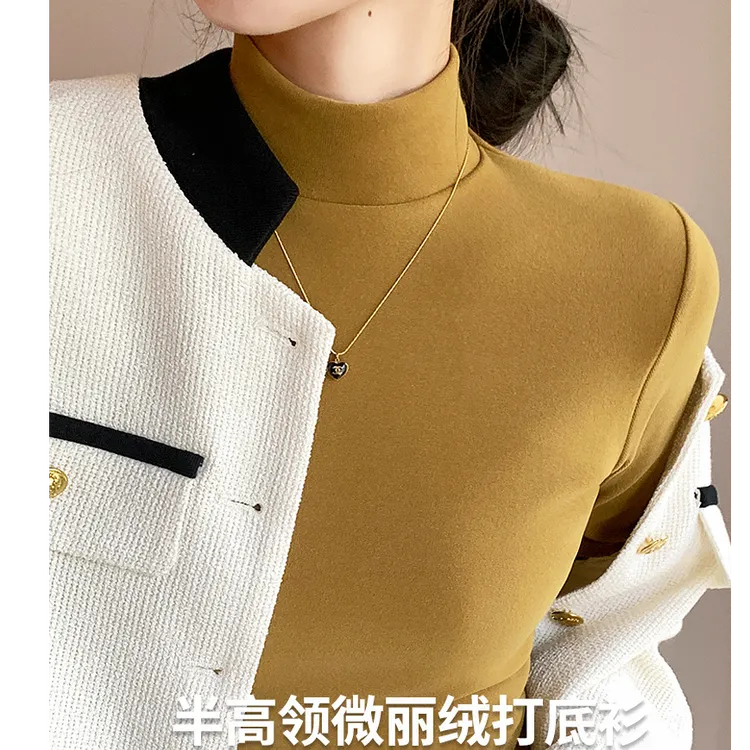 厚款半高领双面德绒打底衫女春秋款内搭纯色加绒加厚保暖长袖上衣