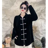 D8508新款国潮撞色盘扣丝绒长袖国风外套女新中式立领上衣