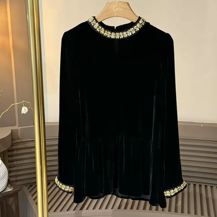 真丝丝绒钉珠宽松减龄荷叶边长袖上衣
