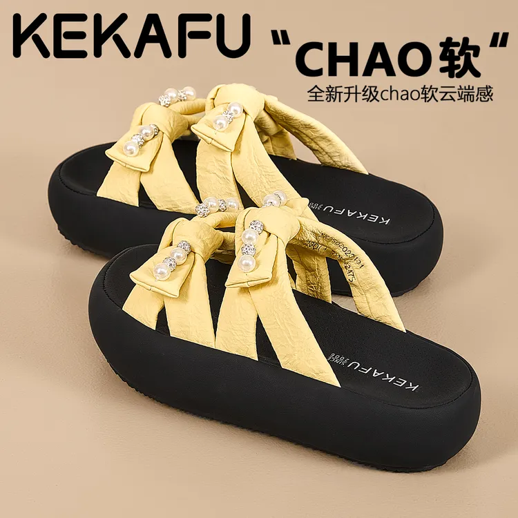珂卡芙踩屎感一字拖鞋女夏外穿2025新款蝴蝶结厚底增高休闲沙滩鞋