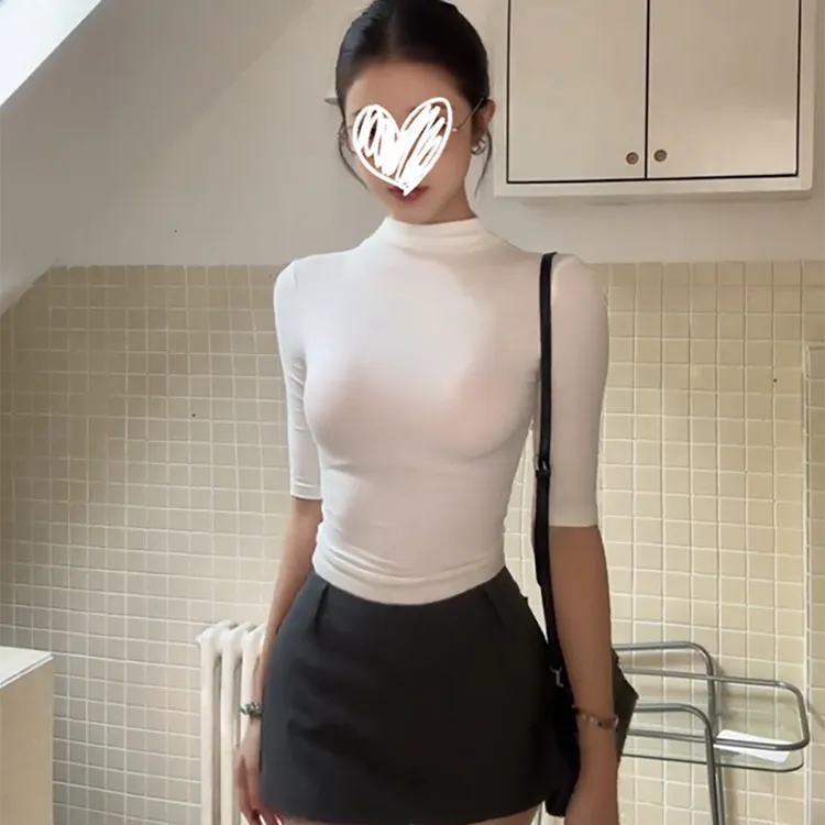 现货！秋季新款中袖打底衫纯欲紧身辣妹短款纯欲百搭女上衣潮