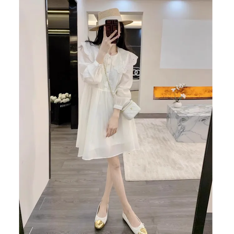 【现货】白色连衣裙春装女装2025新款法式甜美风宽松娃娃领气质短裙