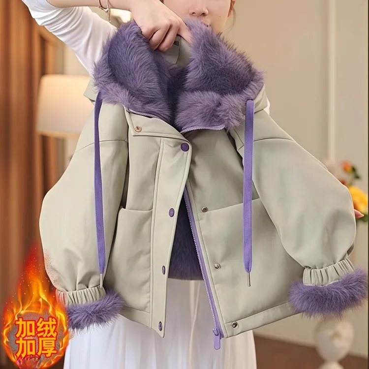 女童外套加绒皮衣派克服2025新款秋冬款加厚卡通纳帕软pu皮仿皮草