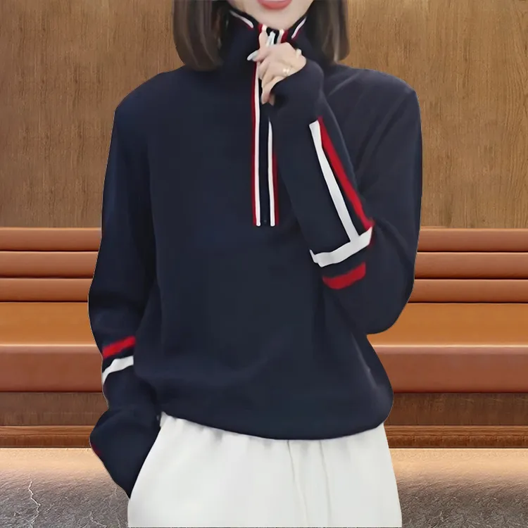 2025秋季新款半拉链休闲保暖针织衫温柔气质撞色条纹毛衣立领长袖