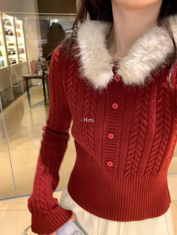 法式复古可拆卸毛毛领麻花毛衣女秋冬收腰显瘦内搭打底针织衫上衣