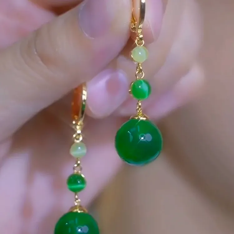 铜合金耳饰 【绿色不识月】气质时尚百搭复古古风简约镶嵌银镀耳环