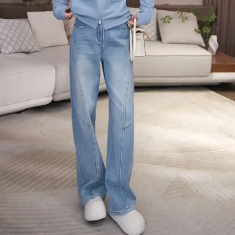 【冬季蓝牛】冬季新款阔腿时尚加厚加绒直筒牛仔裤LK2508346