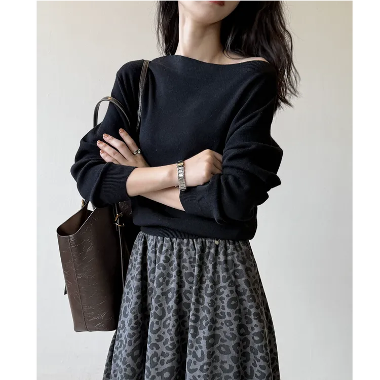 百搭羊毛温柔气质风韩系一字肩针织衫女秋季高级感宽松显瘦打底衫