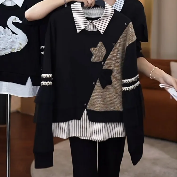 2025秋冬时尚轻奢简约舒适感撞色设计重工显瘦拼接假两件气质卫衣