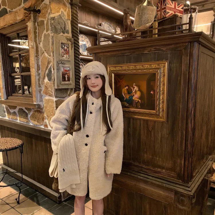 新款连帽毛绒外套少女毛毛上衣百搭中长款2025新款减龄保暖大衣女