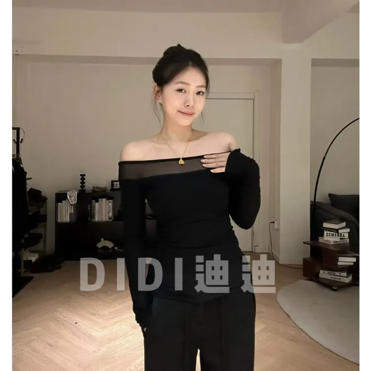 【DIDI】纯欲风长袖T恤女早秋季新款一字肩网纱内搭打底黑色上衣