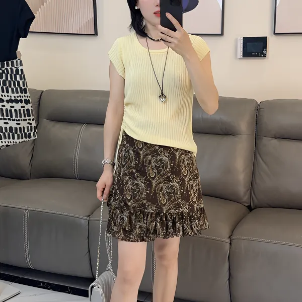 复古腰果印花短裙女夏a字裙小个子新款雪纺高腰荷叶边时尚半身裙