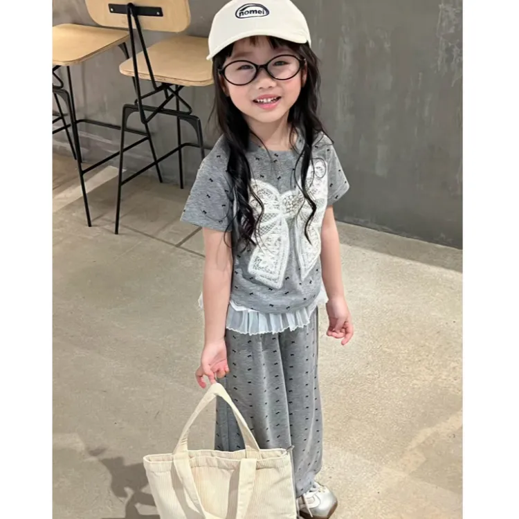 女童夏季新款套装蝴蝶结短袖上衣女宝宝洋气时尚两件套