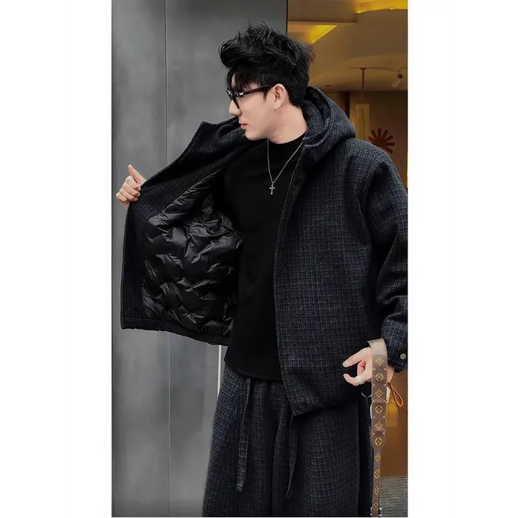 迪诺库克斯酷帅穿搭套装高端连帽棉服格子外套搭配阔腿裤子一整套